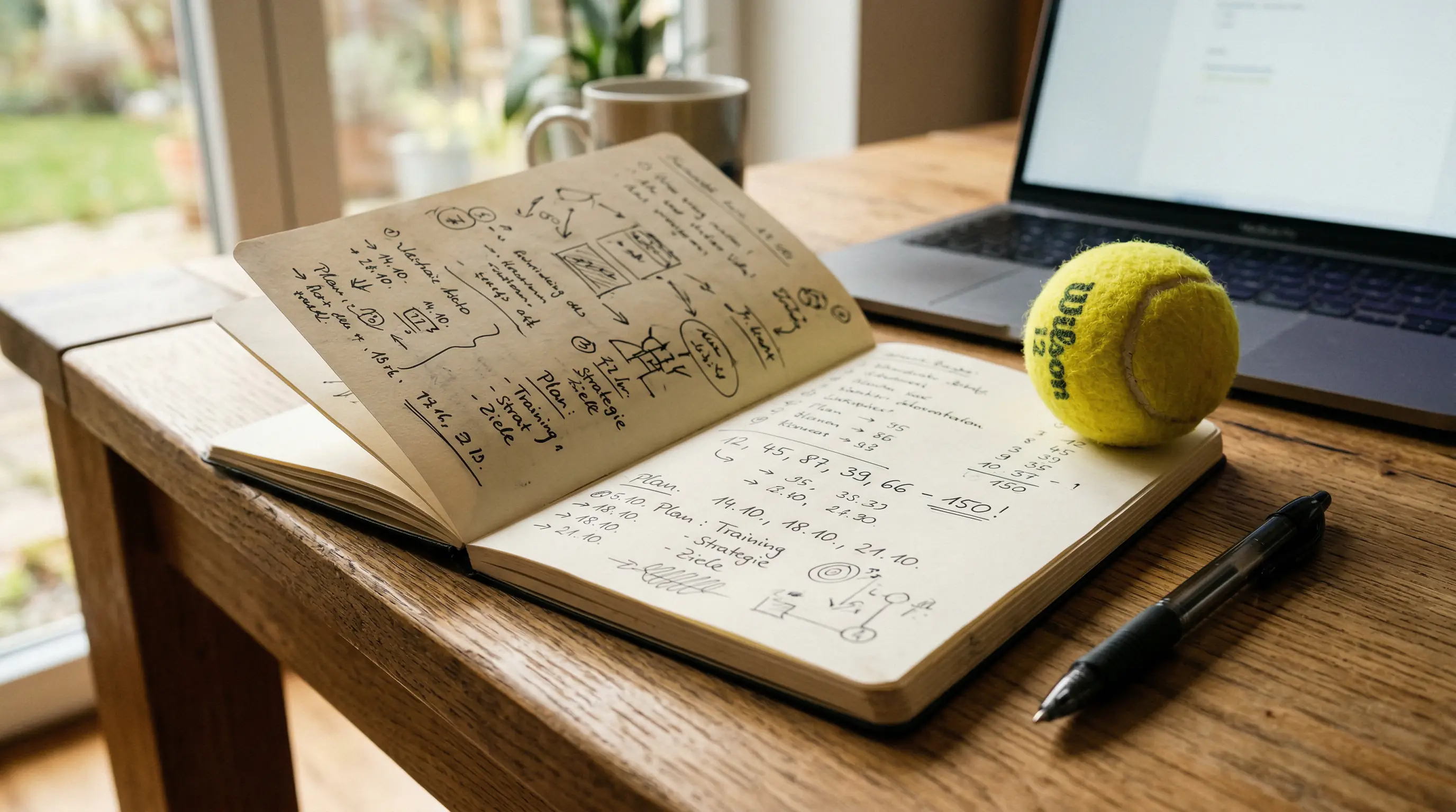 Notizbuch mit Stift neben einem Tennisball – Bankroll Management planen