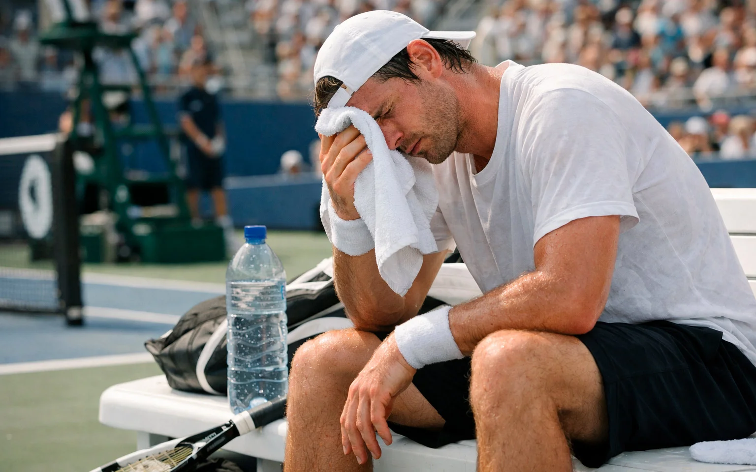 Erschöpfter Tennisspieler erholt sich zwischen Sätzen