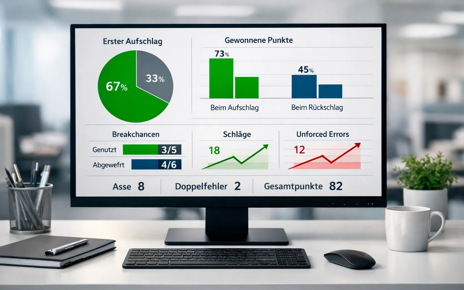 Detaillierte Tennisstatistiken auf Computerbildschirm