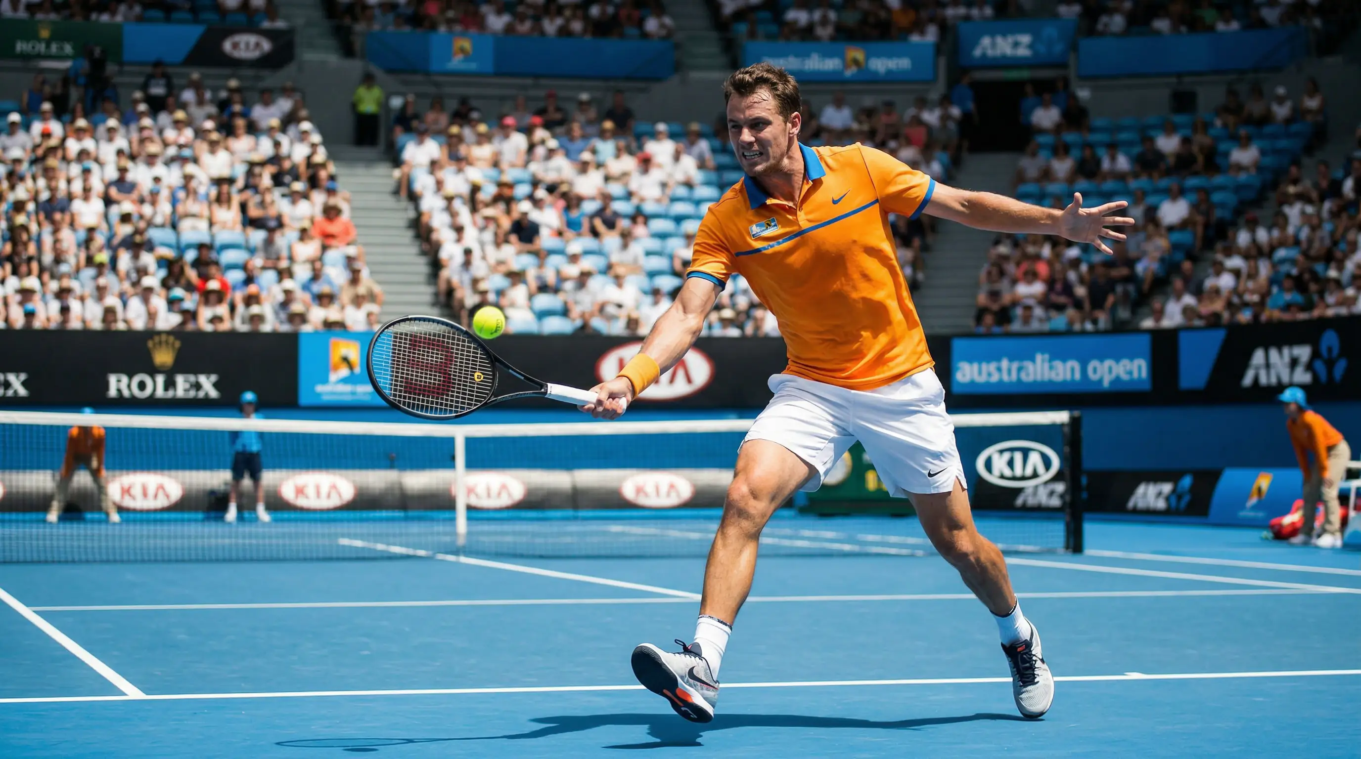 Tennisspieler beim Grundlinienschlag auf blauem Hartplatz – Hartplatz Wetten