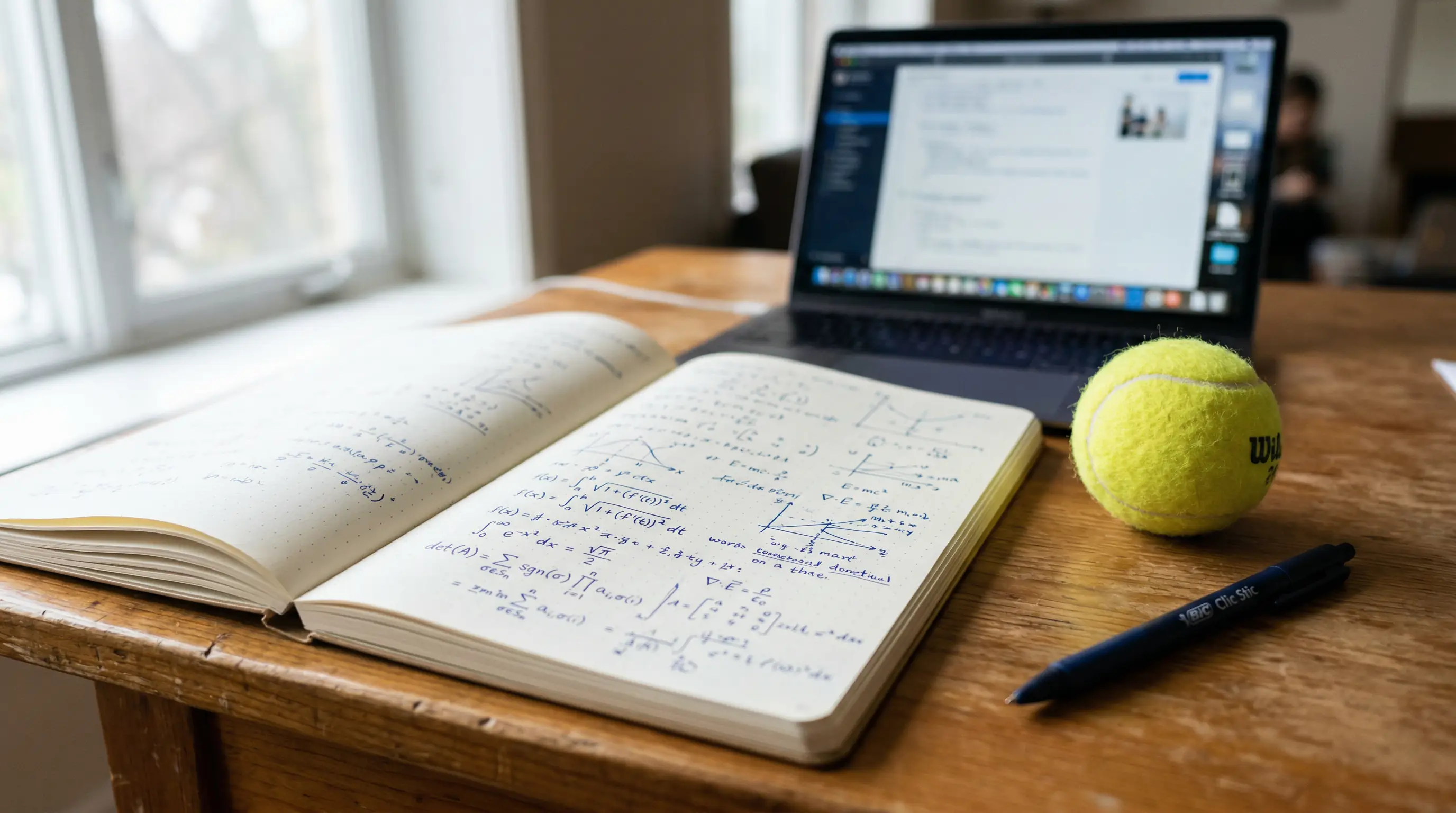 Notizbuch mit Berechnungen neben Tennisball auf Holztisch – Kelly Criterion