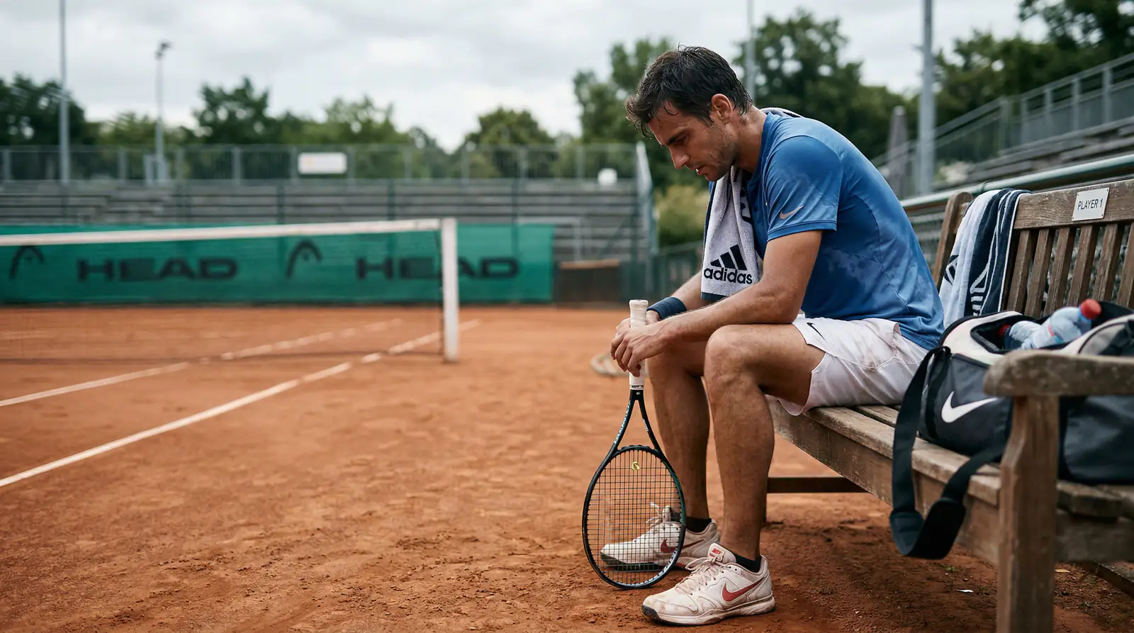 Tennisspieler sitzt nachdenklich auf der Bank am Platzrand – Psychologie beim Wetten