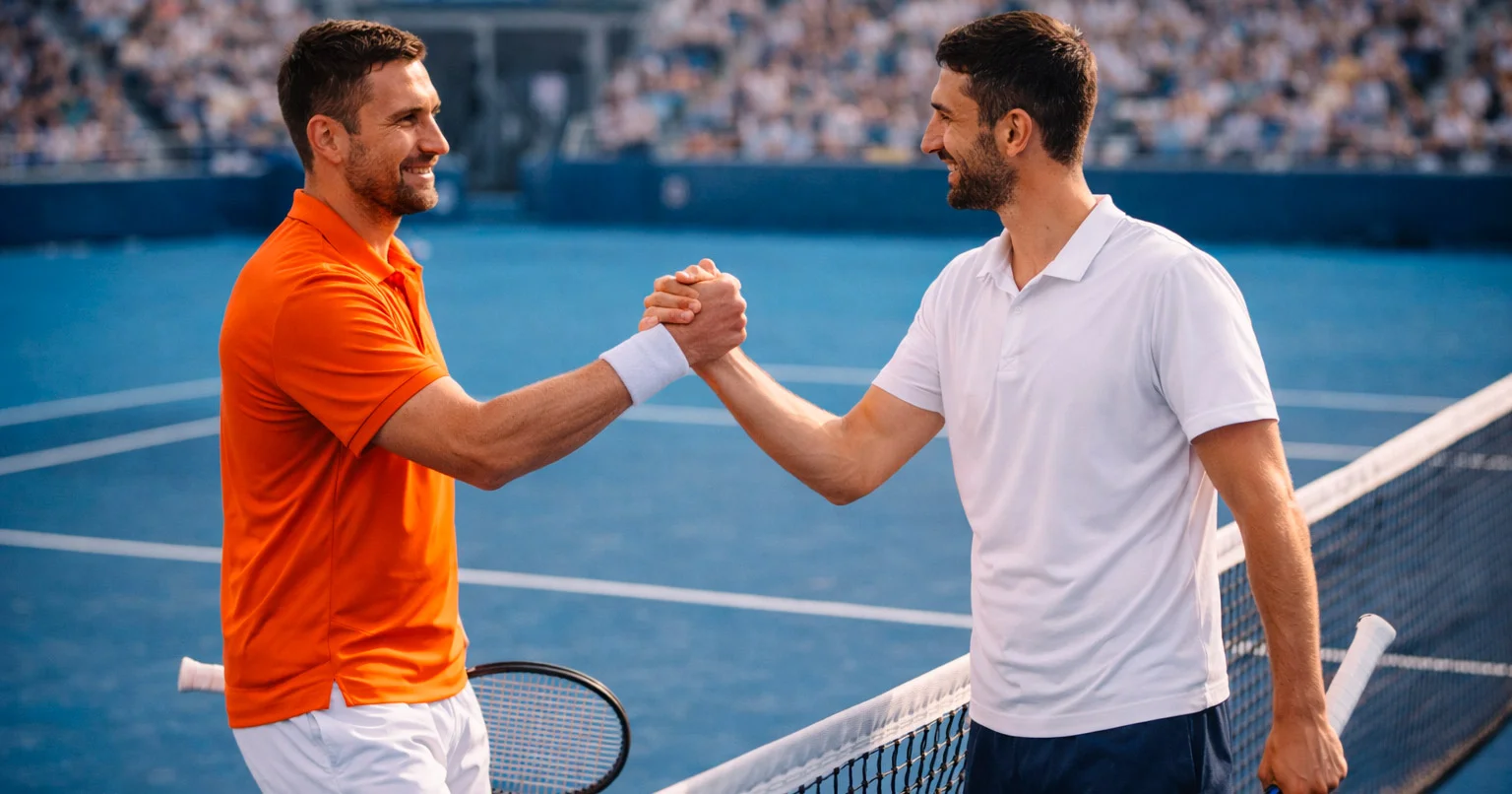 Freundliches Tennismatch zwischen zwei Spielern auf Hartplatz