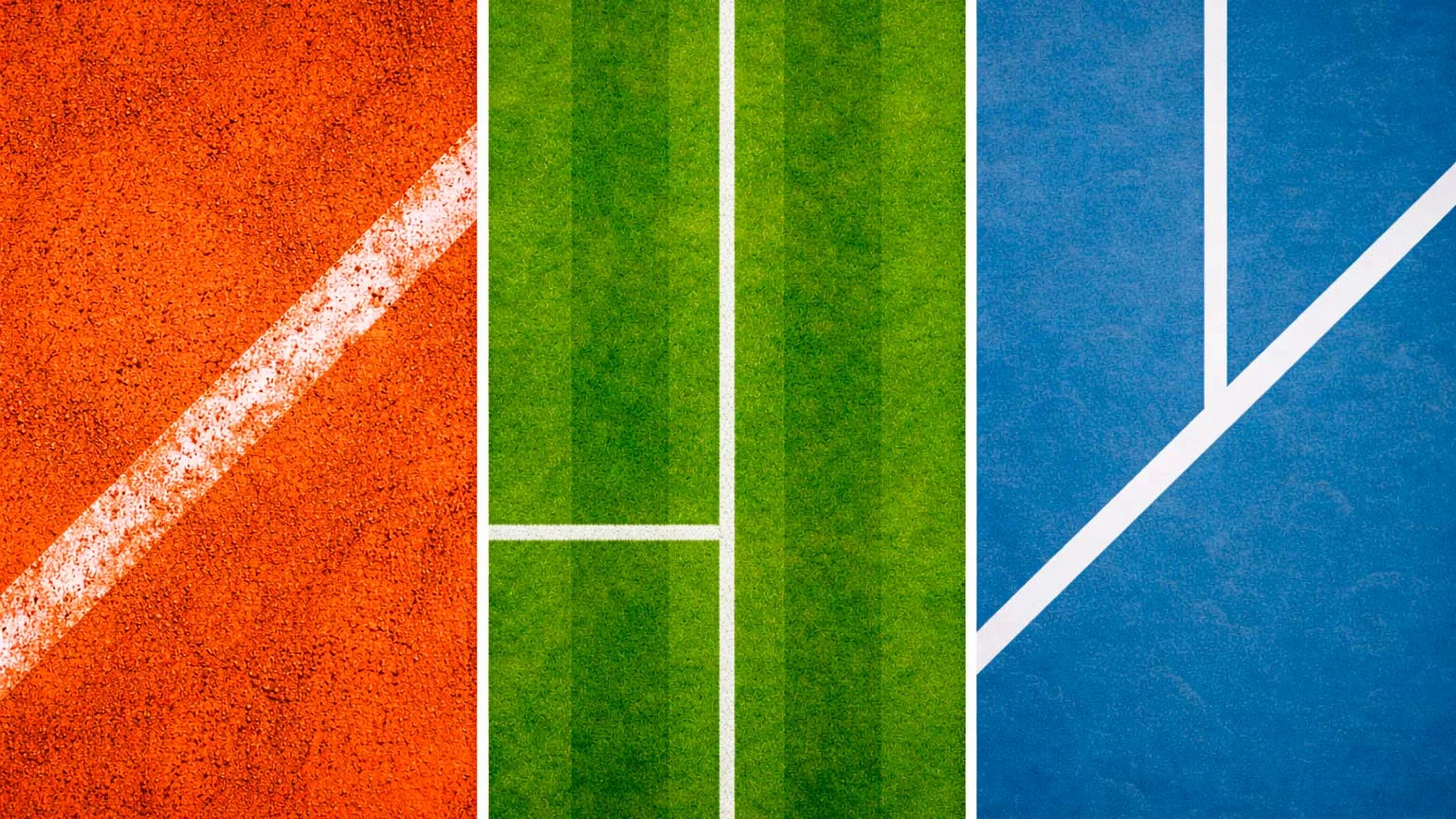 Drei Tennisplatzbeläge nebeneinander: Sandplatz, Rasenplatz und Hartplatz