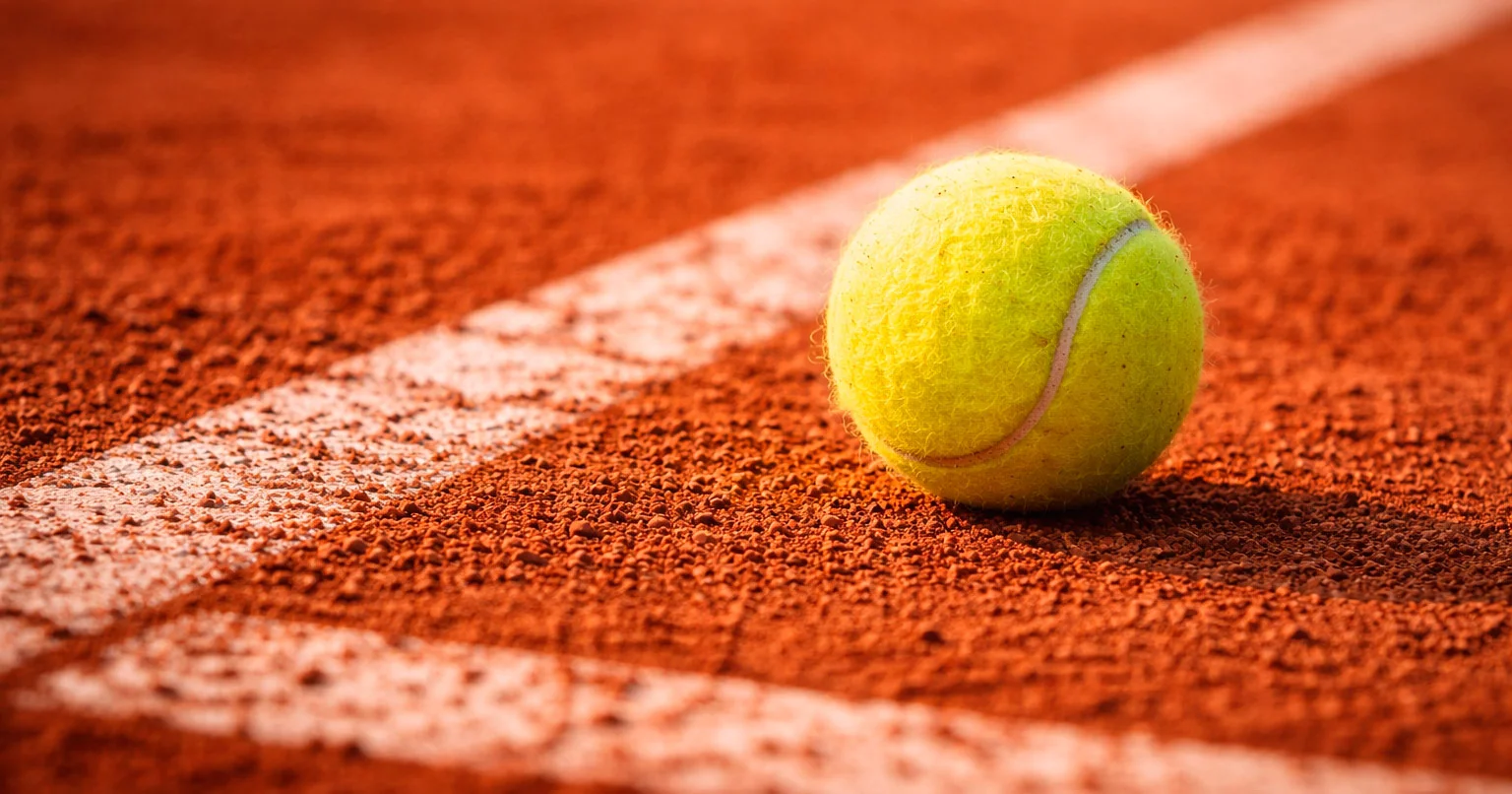 Tennisball auf rotem Sandplatz mit sichtbarer Oberflächenstruktur