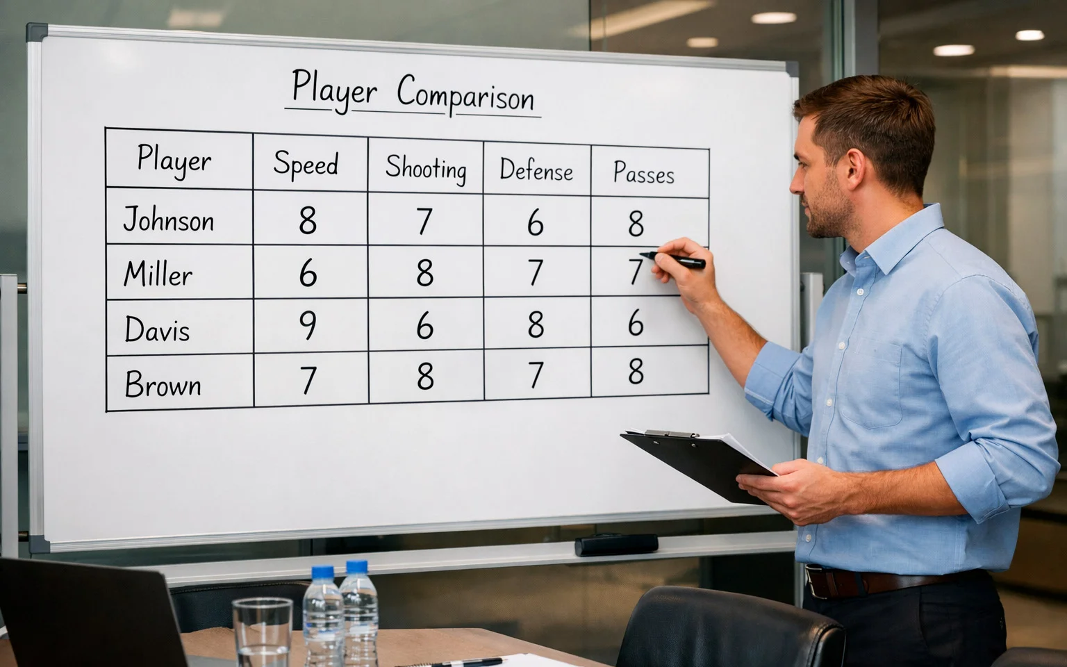Sportanalyst erstellt Vergleichstabelle auf Whiteboard