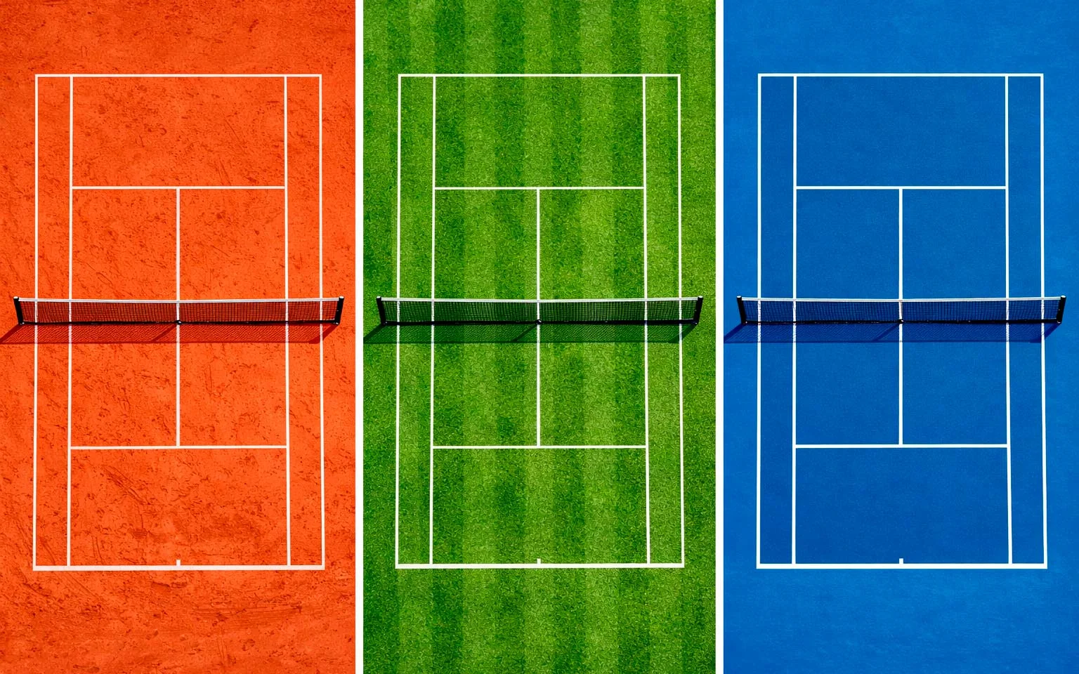 Verschiedene Tennisplätze zeigen Sand, Rasen und Hartplatz
