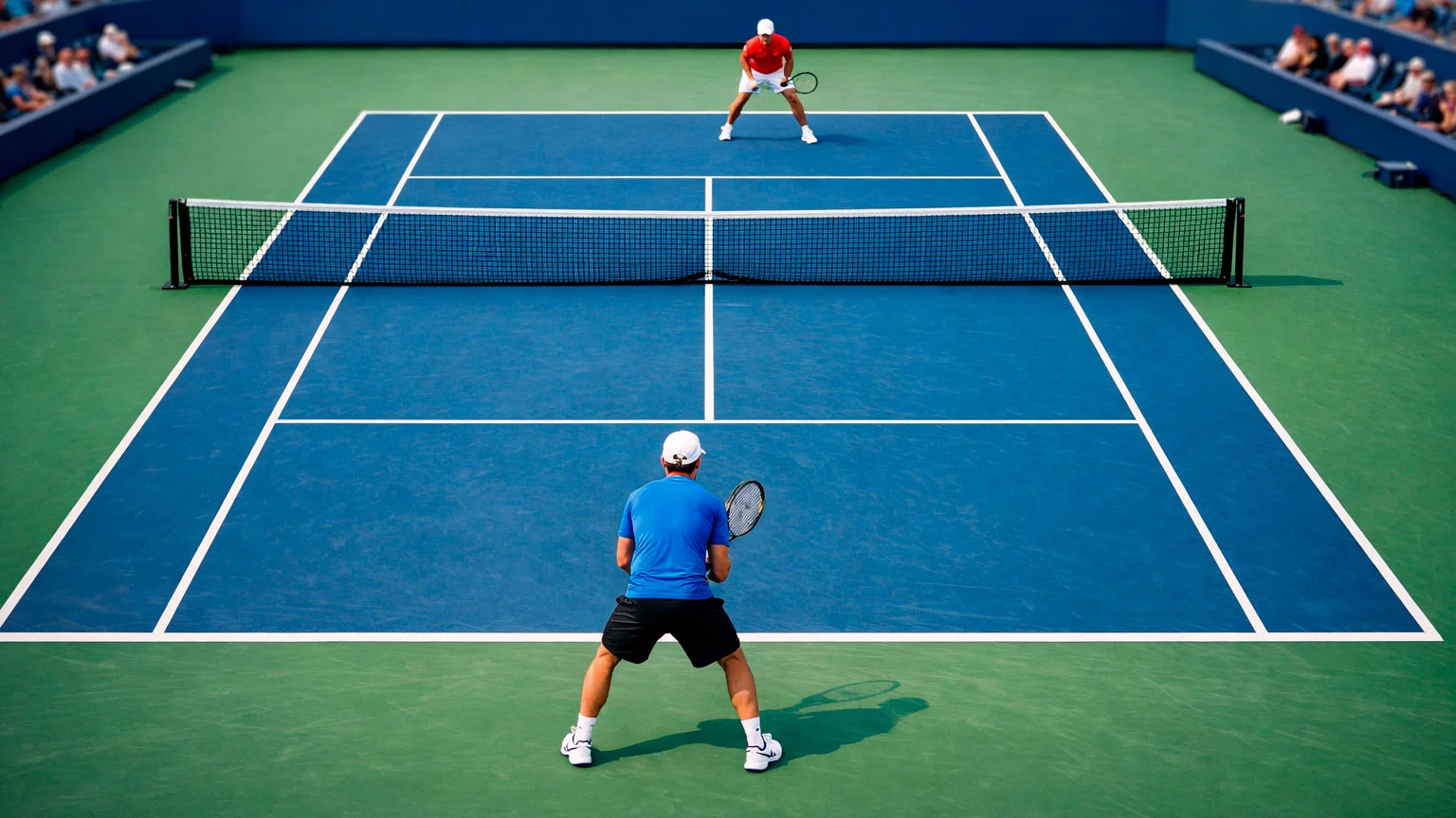 Zwei Tennisspieler beim Einzelmatch auf einem Hartplatz
