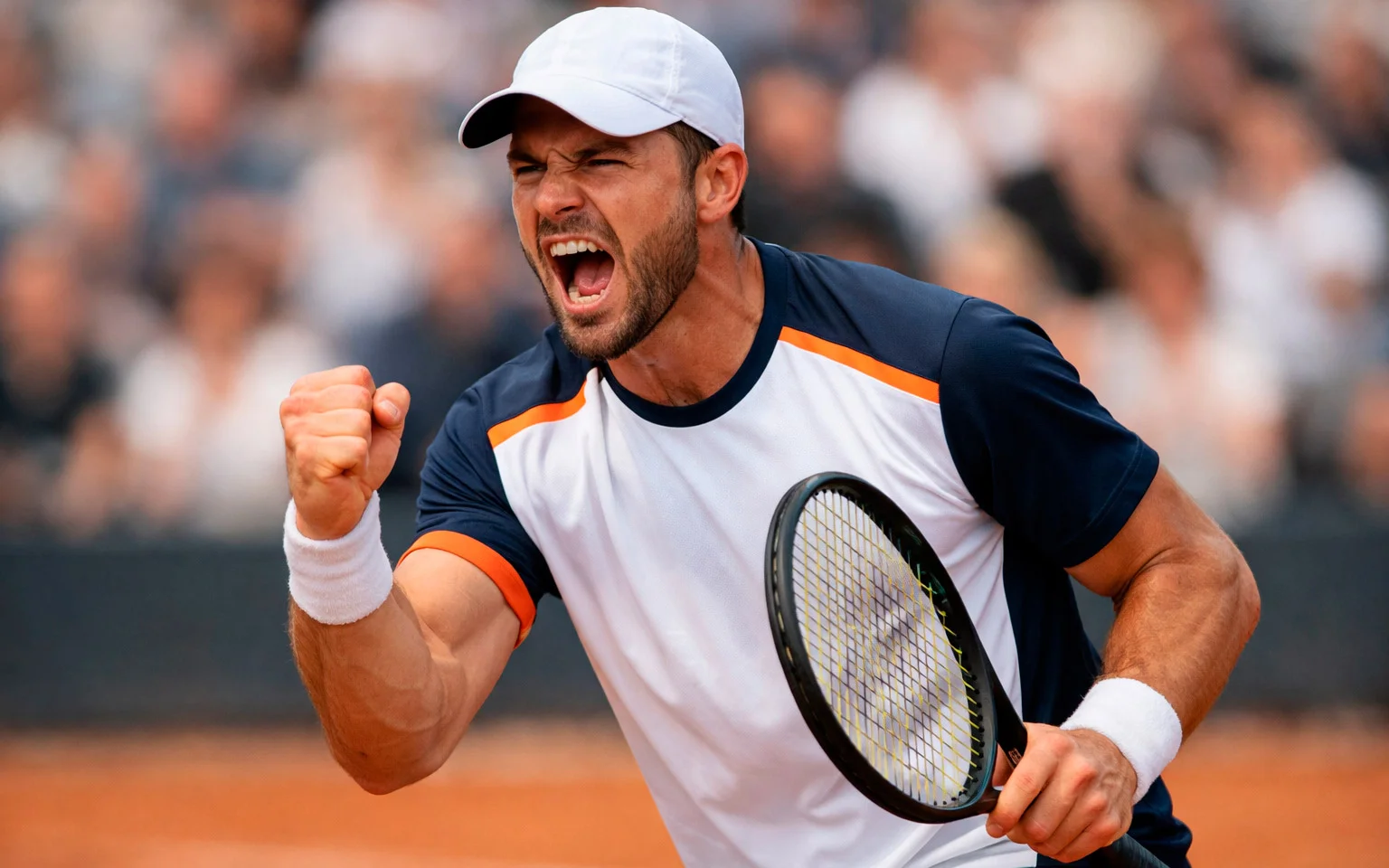 Tennisspieler zeigt kämpferische Geste nach gewonnenem Punkt