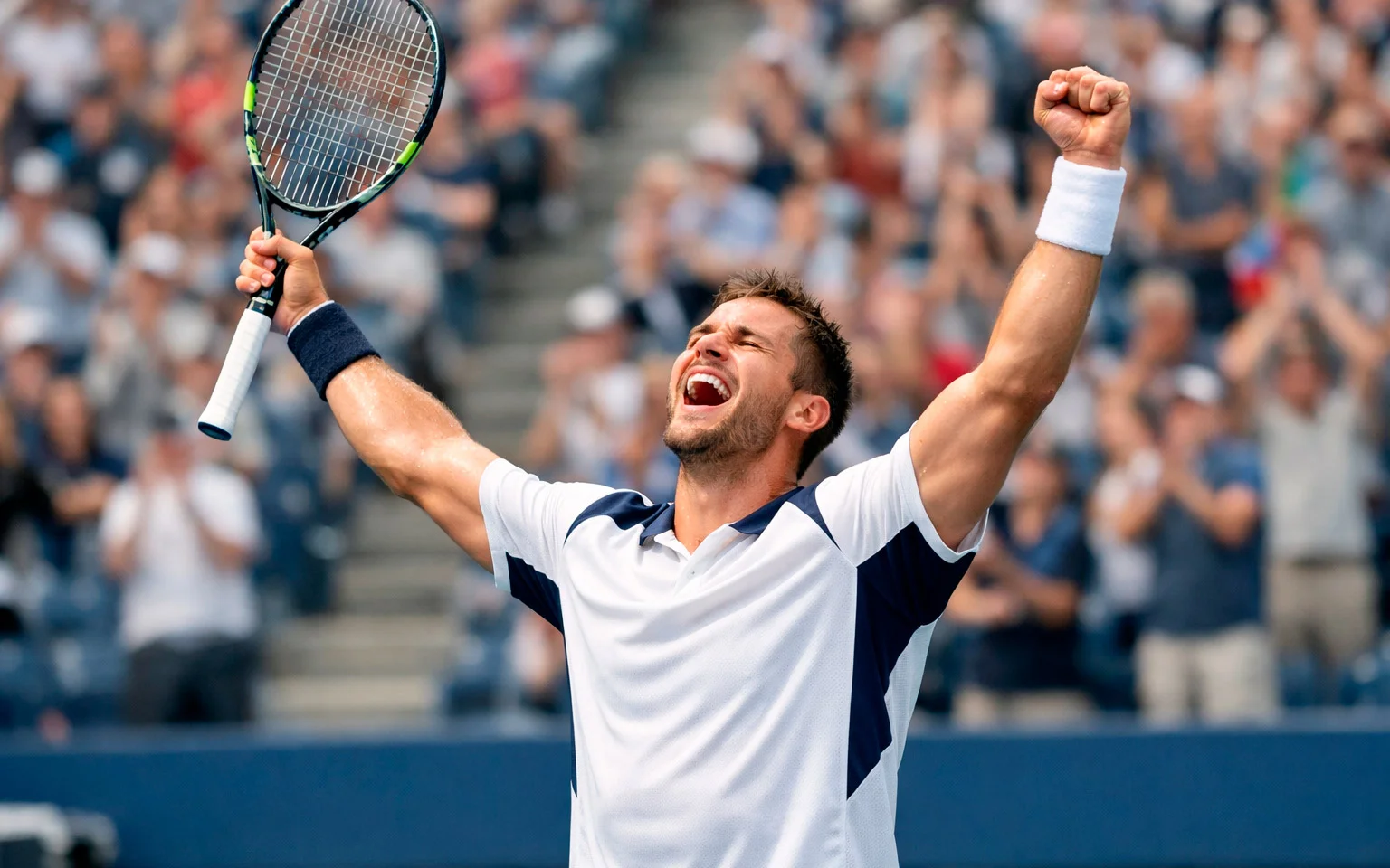 Professioneller Tennisspieler in Siegerpose nach dominantem Sieg