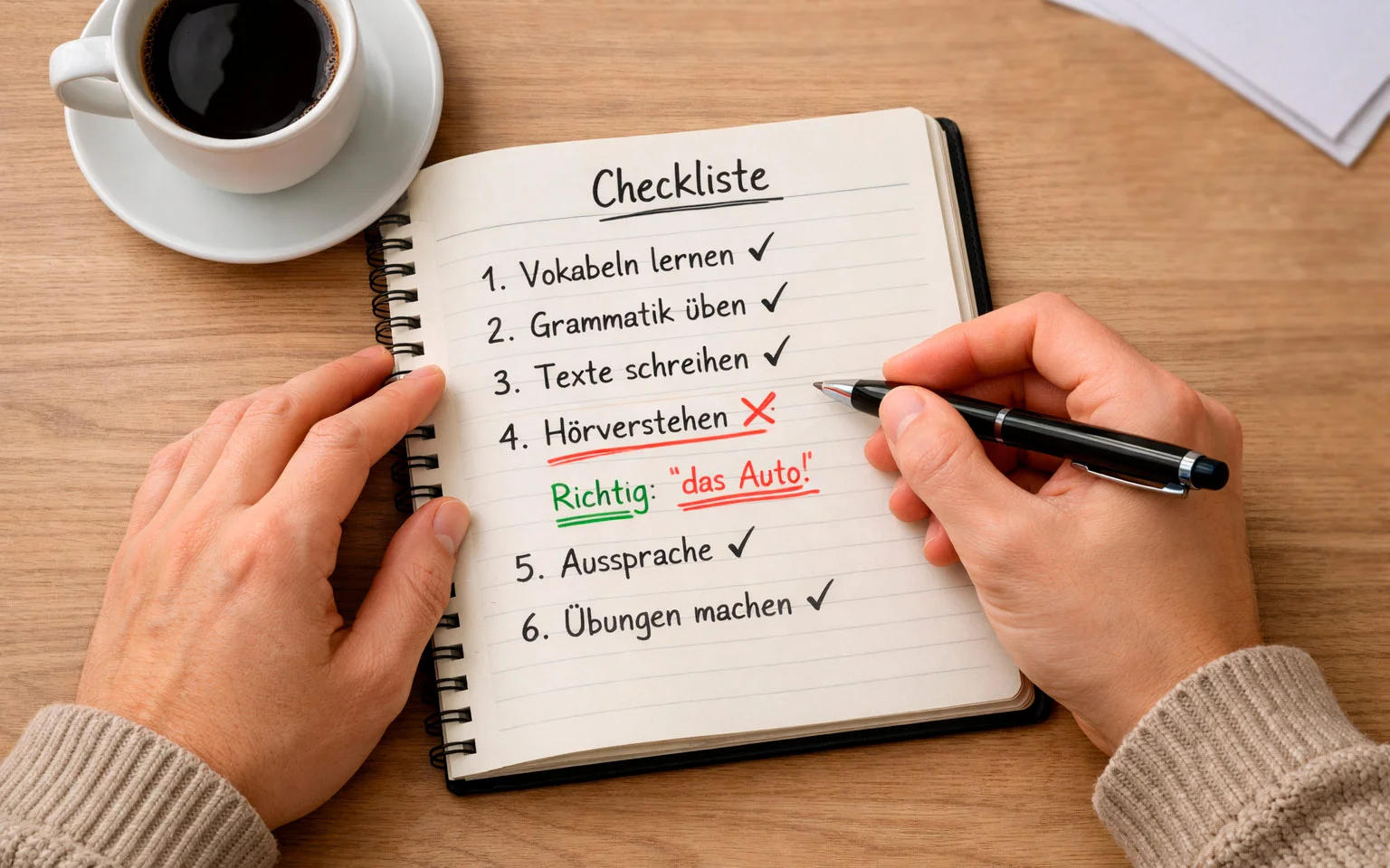 Person macht sich Notizen über Lernpunkte