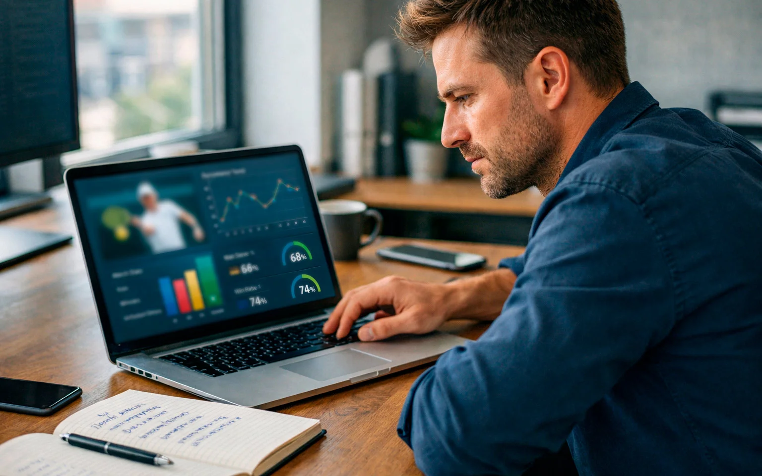 Sportanalyst studiert Tennisstatistiken auf Laptop