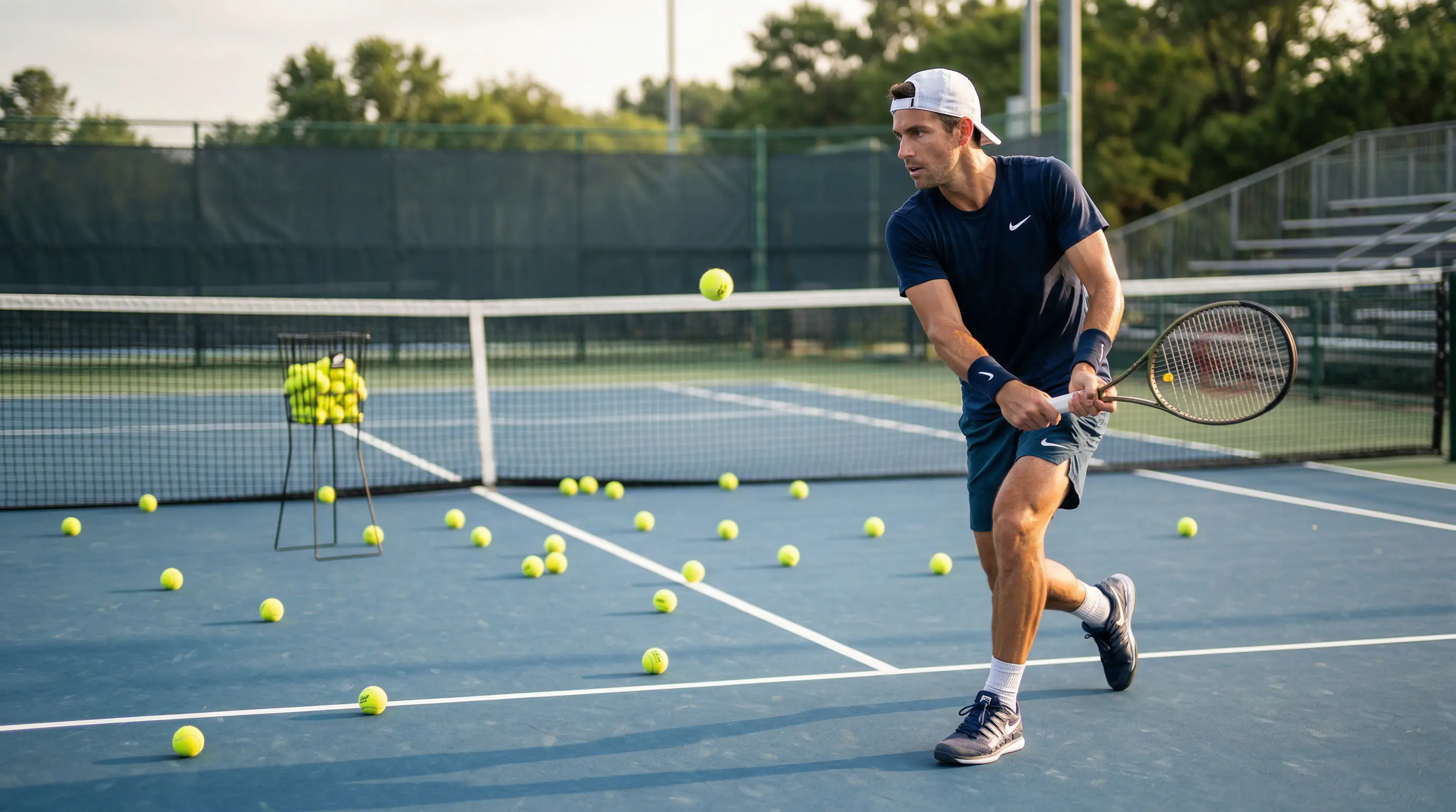Tennisspieler beim konzentrierten Training auf Hartplatz – Formkurve analysieren