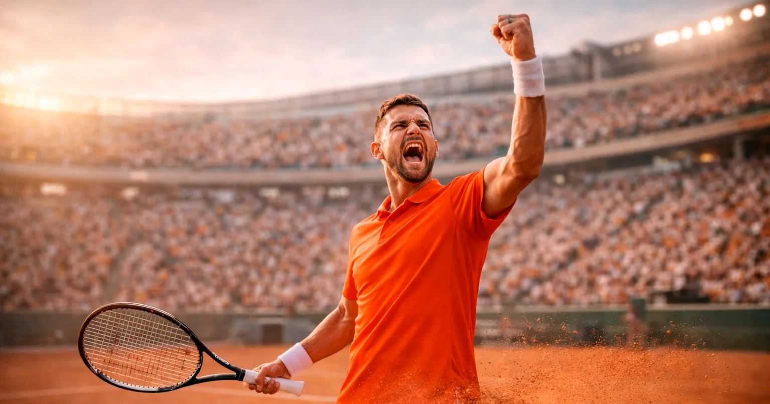 Tennisspieler dominiert Match auf Sandplatz mit klarem Vorsprung