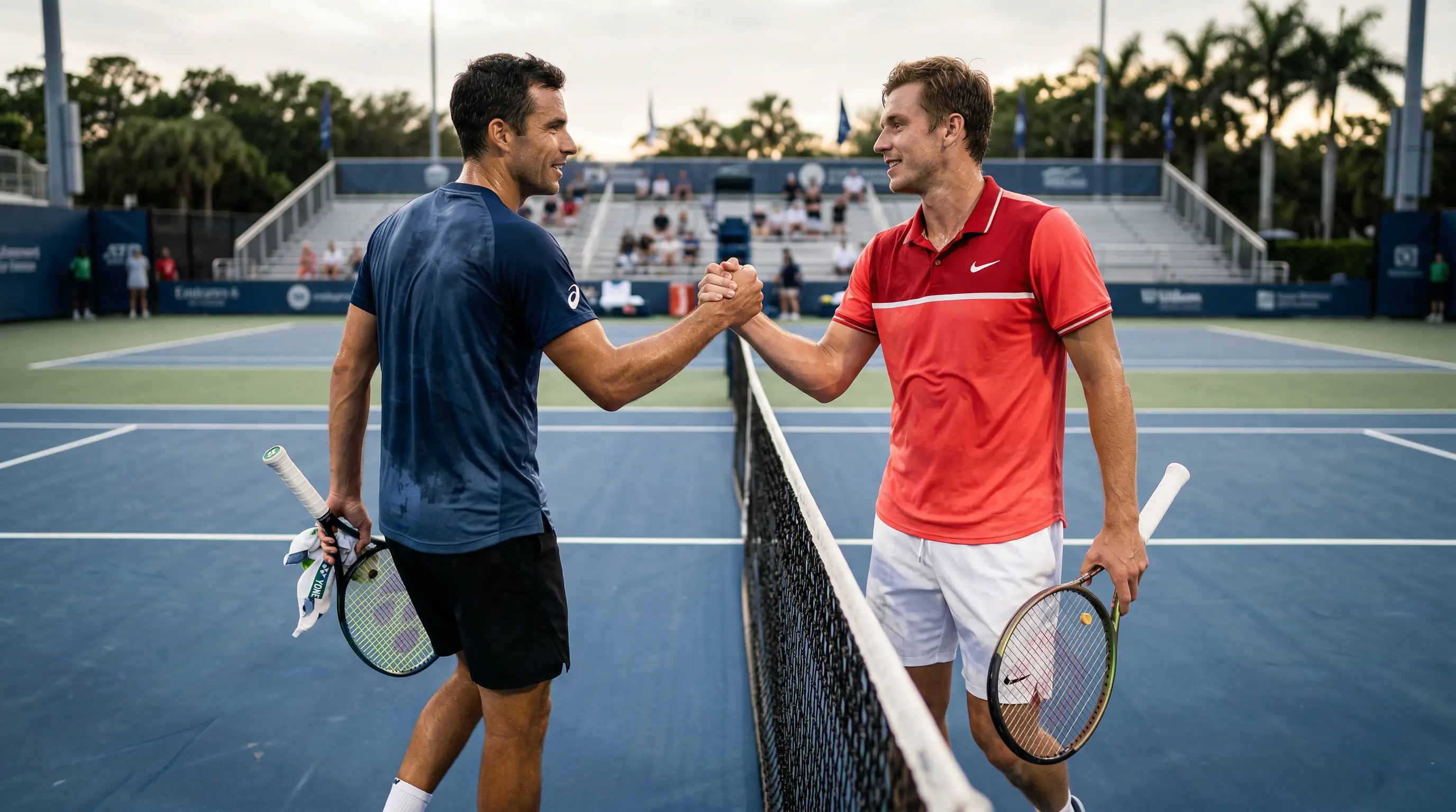 Zwei Tennisspieler am Netz beim Handschlag nach dem Match – Head-to-Head Analyse