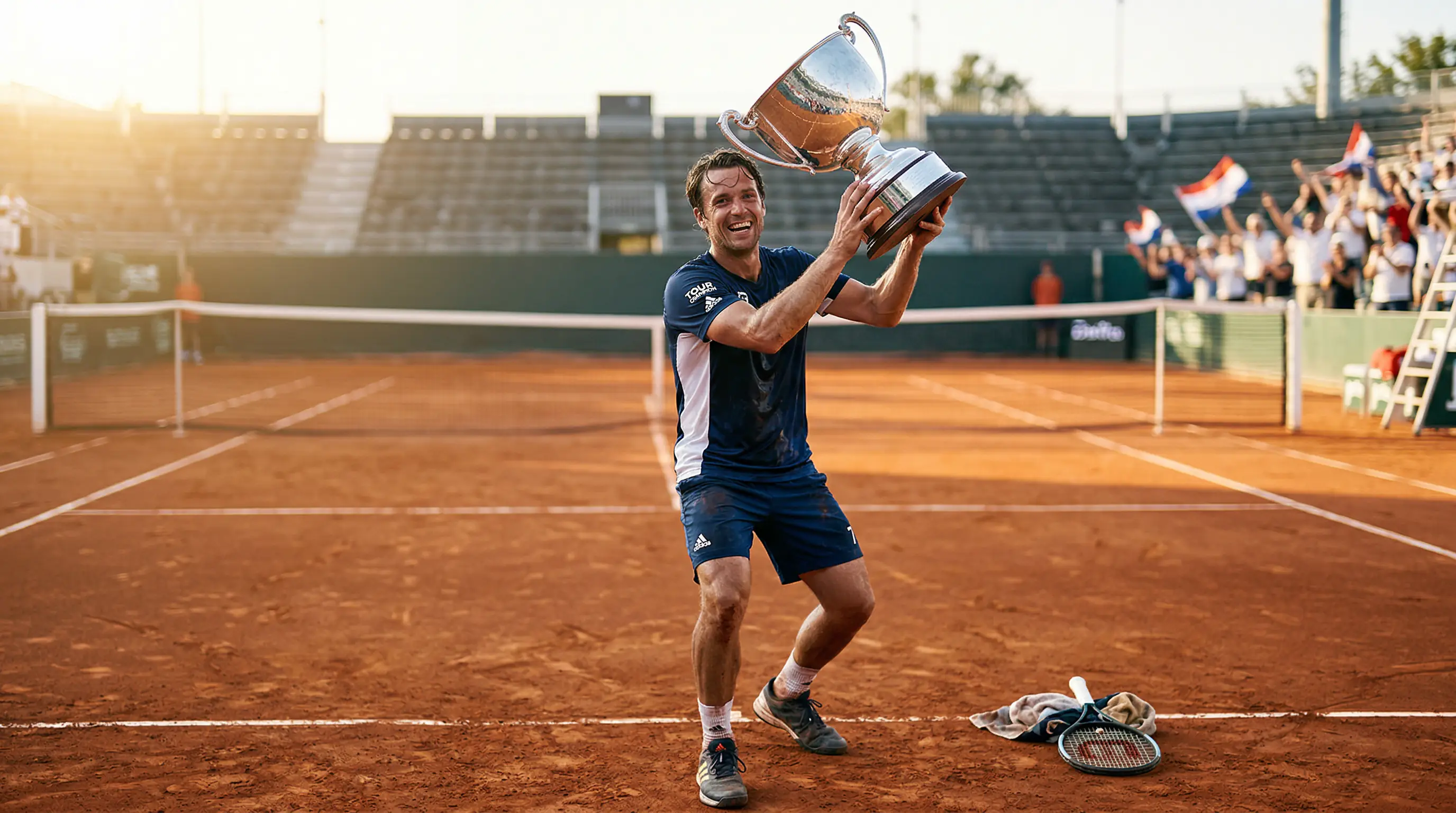 Tennisspieler hebt den Pokal nach Turniersieg – Langzeitwetten im Tennis