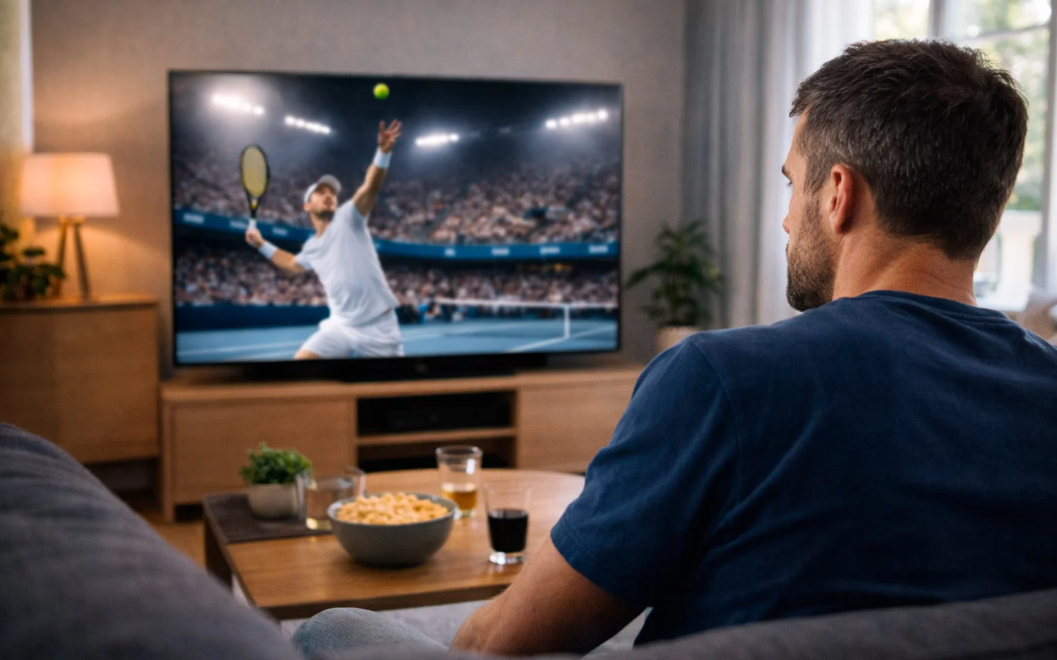 Person beobachtet Tennismatch auf Bildschirm mit Wettquoten