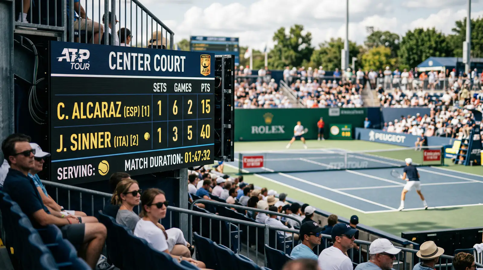 Tennisplatz mit Anzeigetafel bei einem Turnier – Live Quoten im Tennis lesen