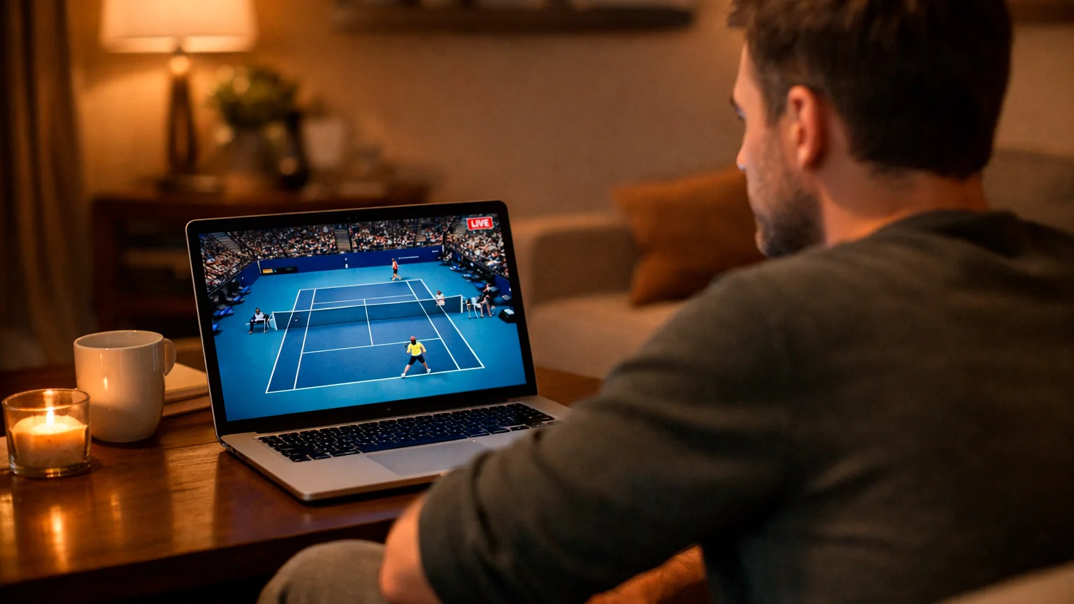 Person verfolgt ein Tennismatch auf einem Laptop-Bildschirm