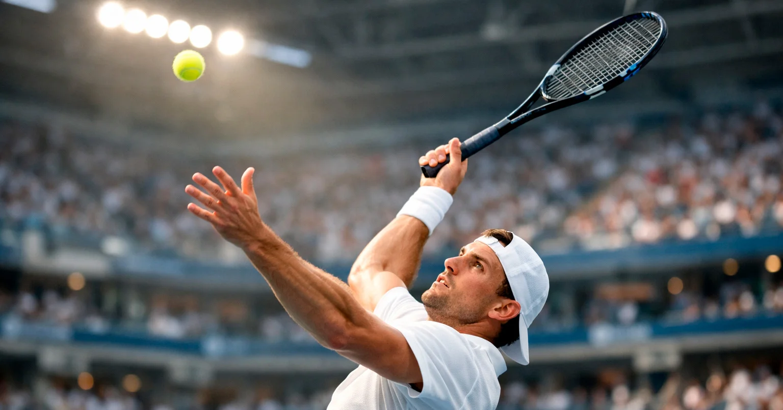 Tennisspieler beim Aufschlag auf Hartplatz während eines Live-Matches