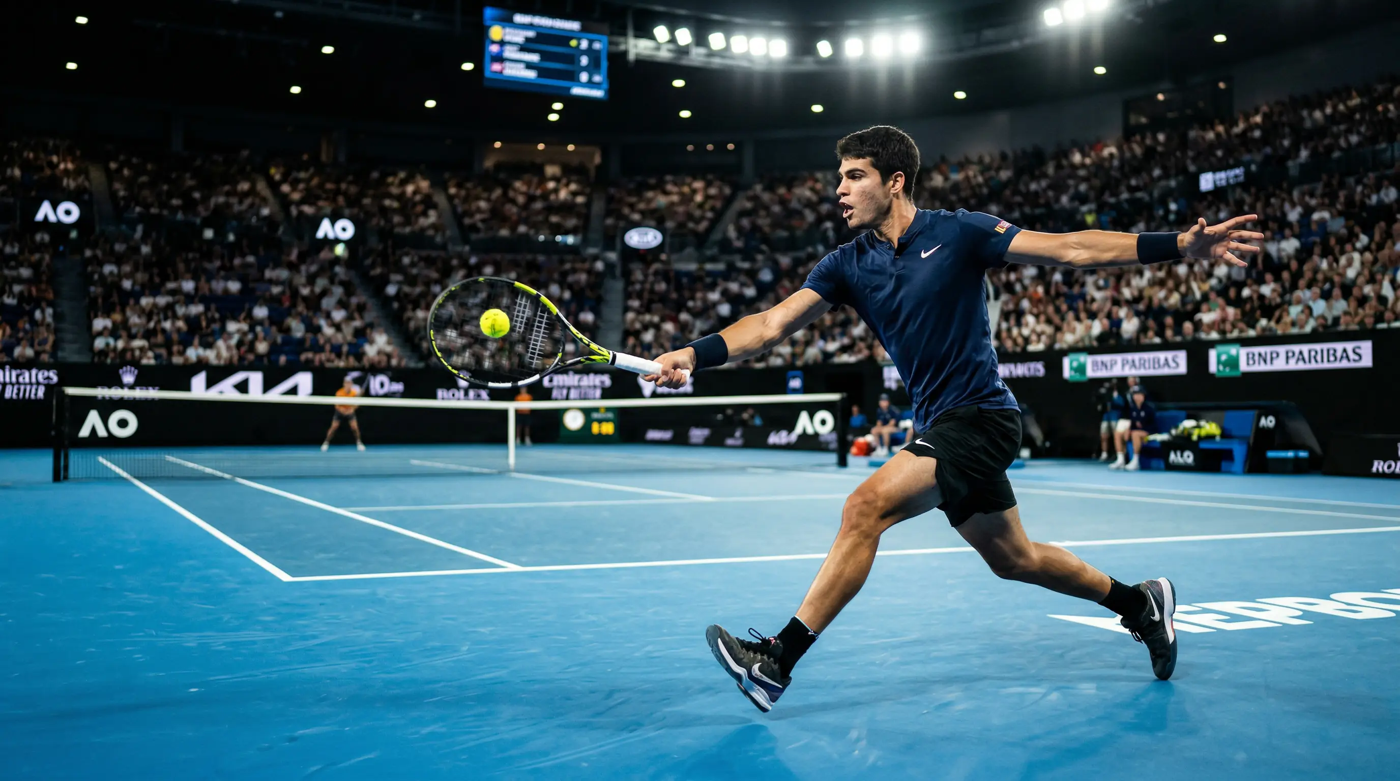 Tennisspieler beim Punktgewinn auf Hartplatz bei Flutlicht – Live Wetten Strategie