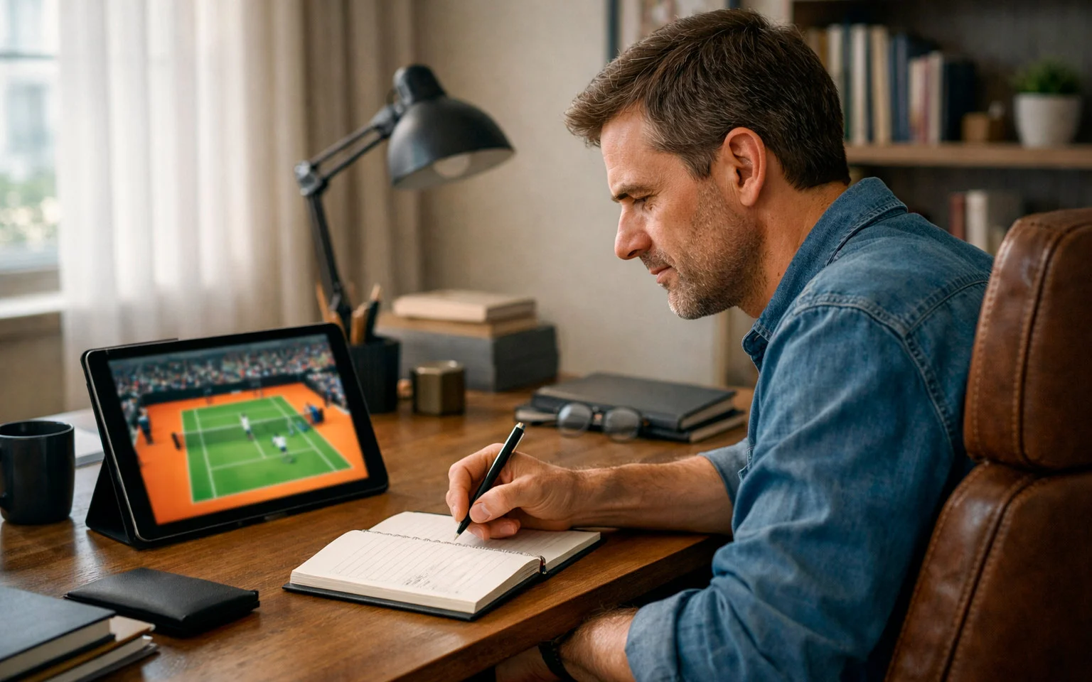 Sportfan analysiert Tennismatch auf Tablet mit Notizblock