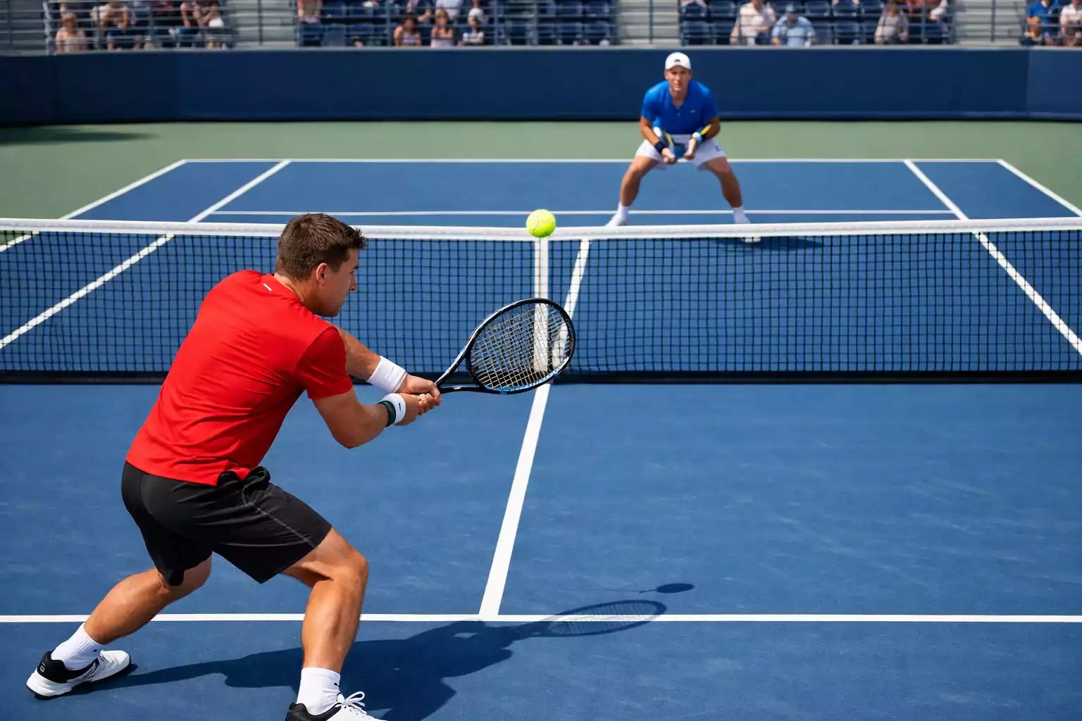 Zwei Tennisspieler beim Ballwechsel auf Hartplatz – Over/Under Wetten im Tennis