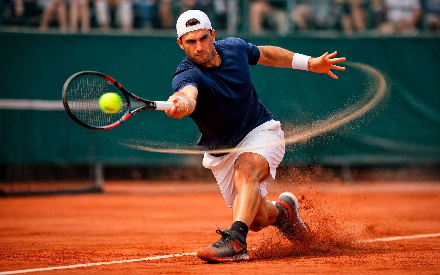 Tennisspieler schlägt Topspin-Vorhand auf Sandplatz