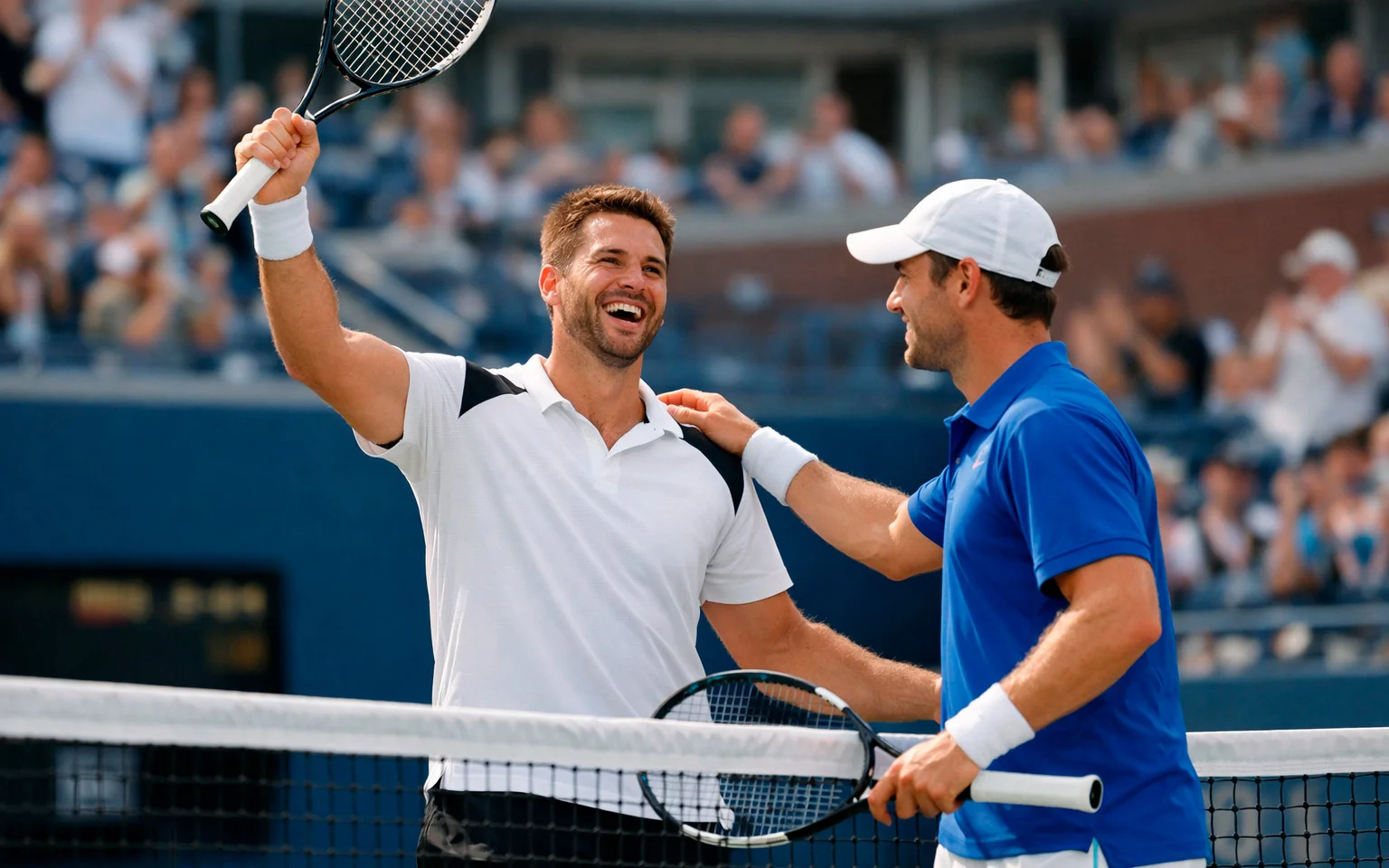 Tennisspieler jubelt nach Matchgewinn am Netz
