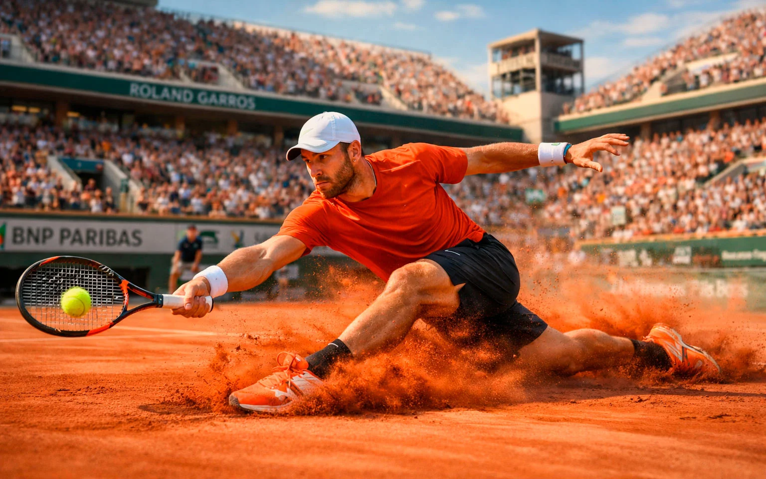 Tennisspieler rutscht auf Sandplatz beim Grundlinienschlag