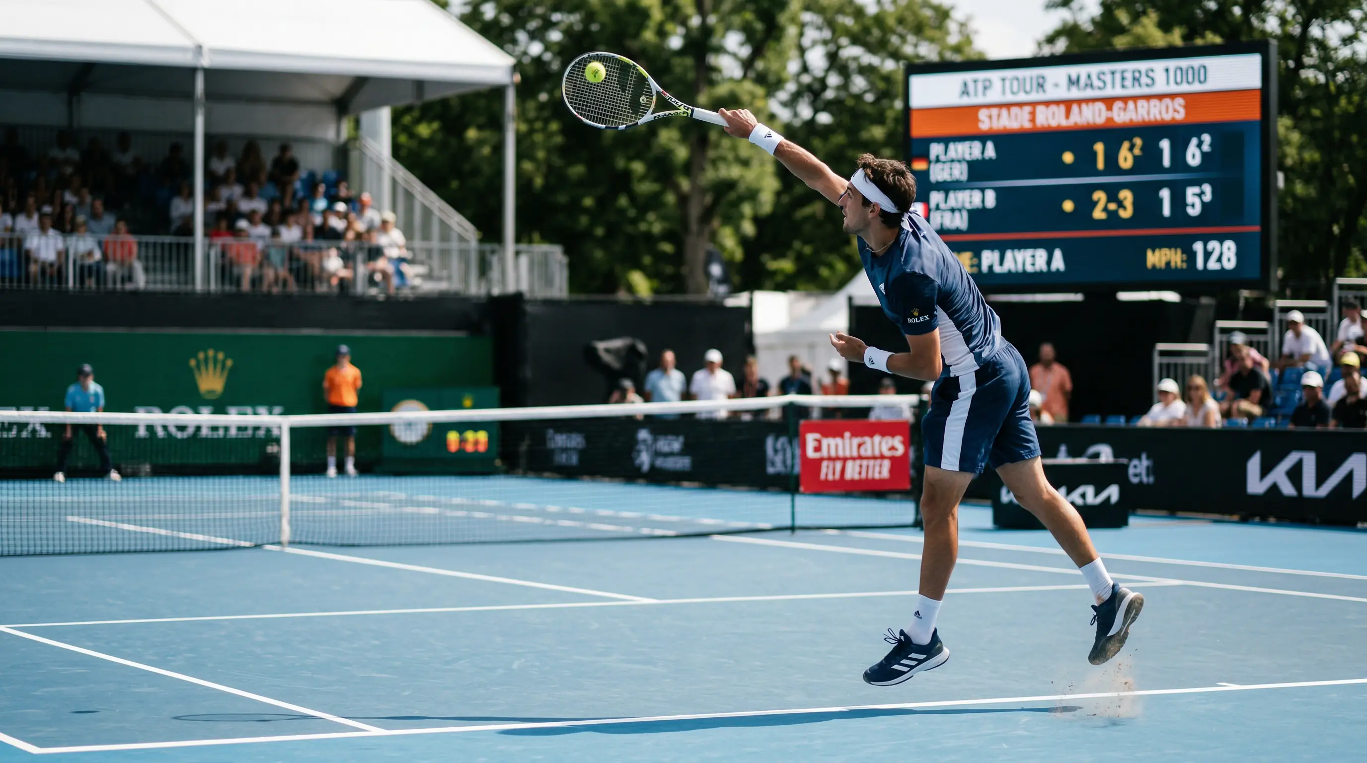 Tennisspieler beim Aufschlag mit sichtbarer Anzeigetafel – Tennis Statistiken