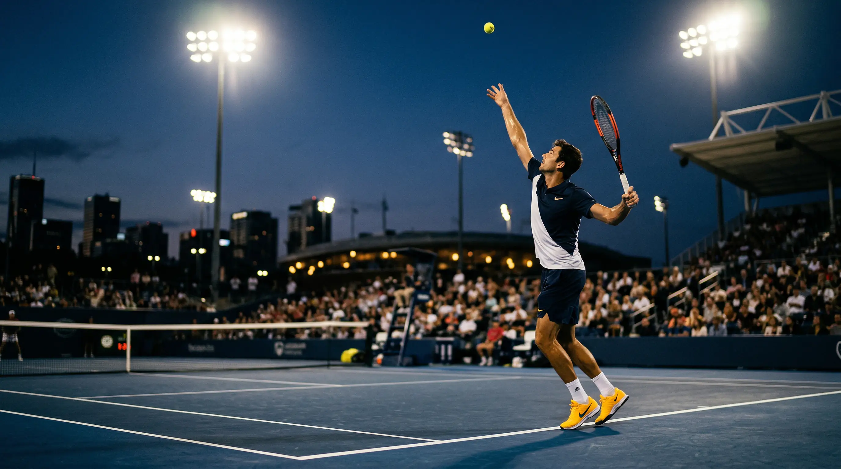 Tennisspieler beim Aufschlag unter Flutlicht – Value Bets im Tennis erkennen