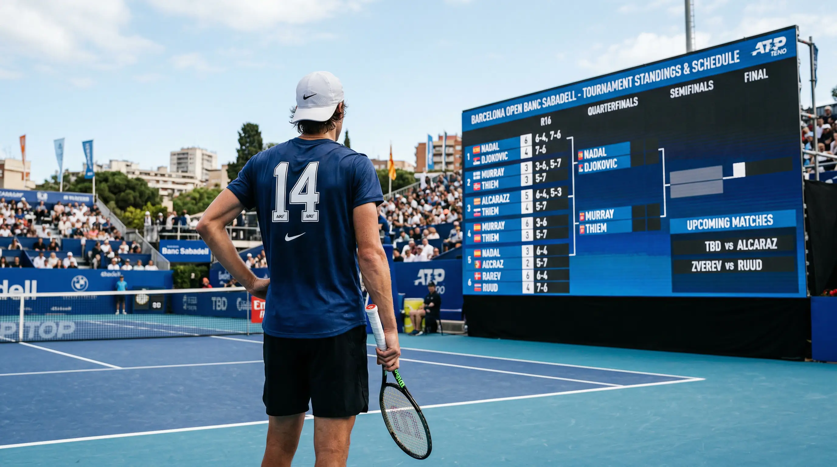 Tennisspieler auf dem Platz mit Ranglistentafel im Hintergrund – Ranking und Wetten