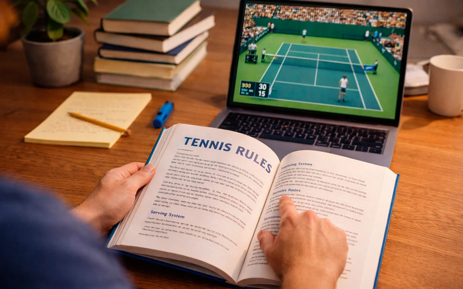 Person lernt Tennisregeln mit Buch und Laptop