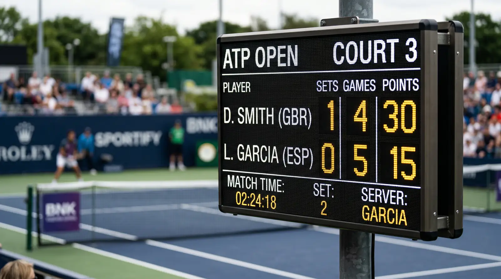 Tennisplatz mit Anzeigetafel und Spielstand – Wettquoten berechnen