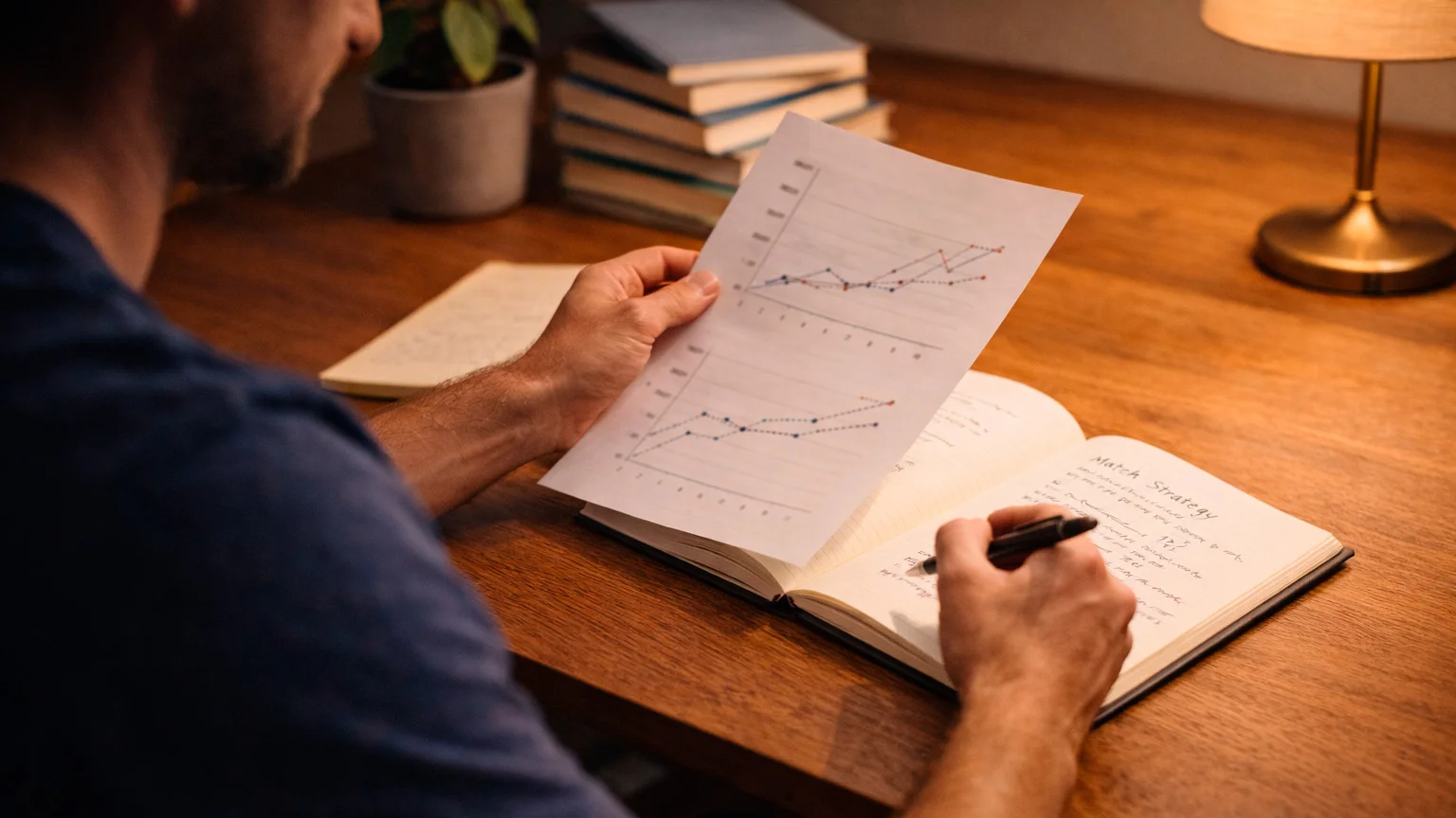 Person analysiert Tennisstatistiken mit Dokumenten und Notizen
