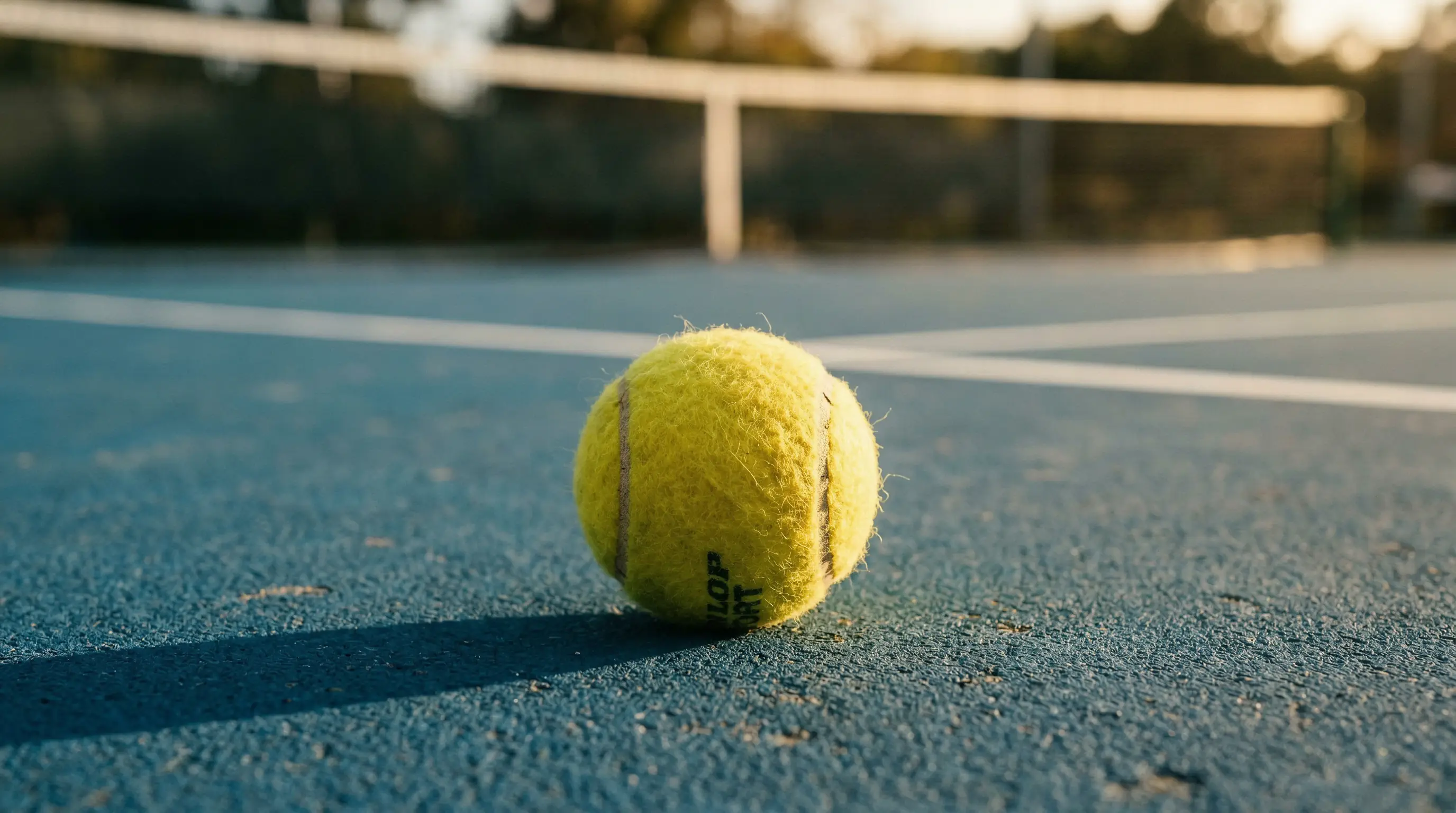 Tennisball auf einem Hartplatz mit Netz im Hintergrund – Einstieg in Tenniswetten