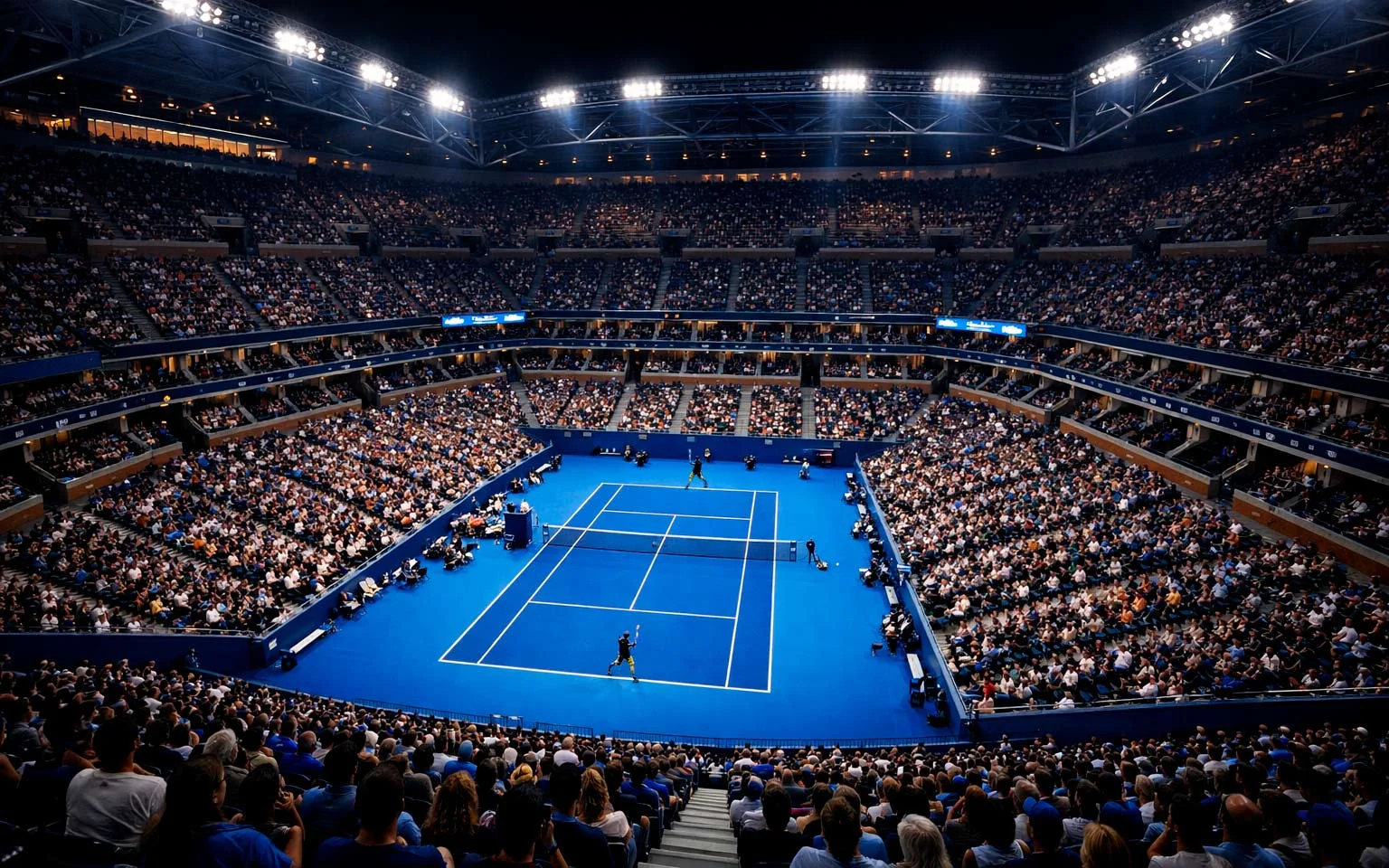 Beleuchtetes Arthur Ashe Stadium bei Nachtmatch
