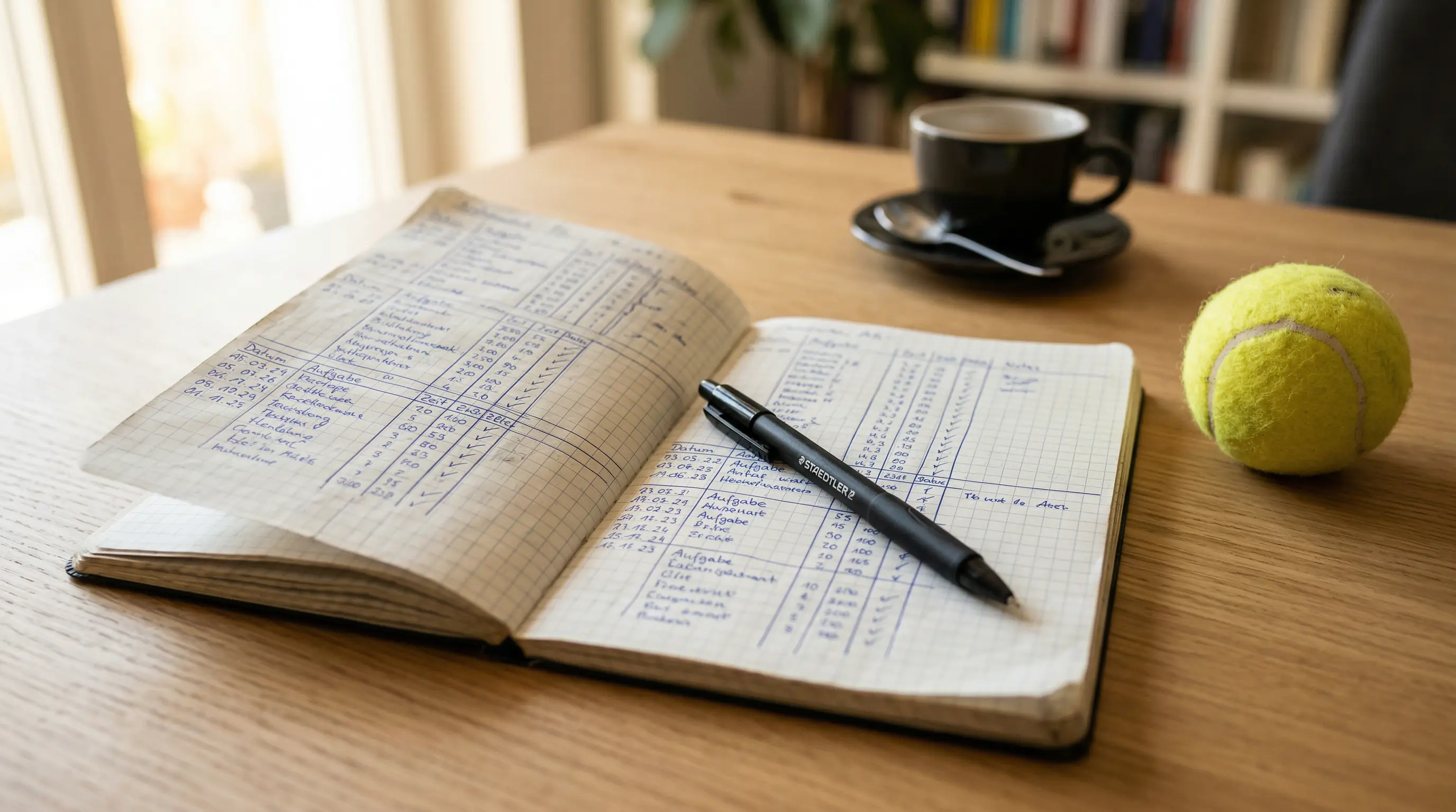 Aufgeschlagenes Notizbuch mit Stift und Tennisball – Wetttagebuch führen